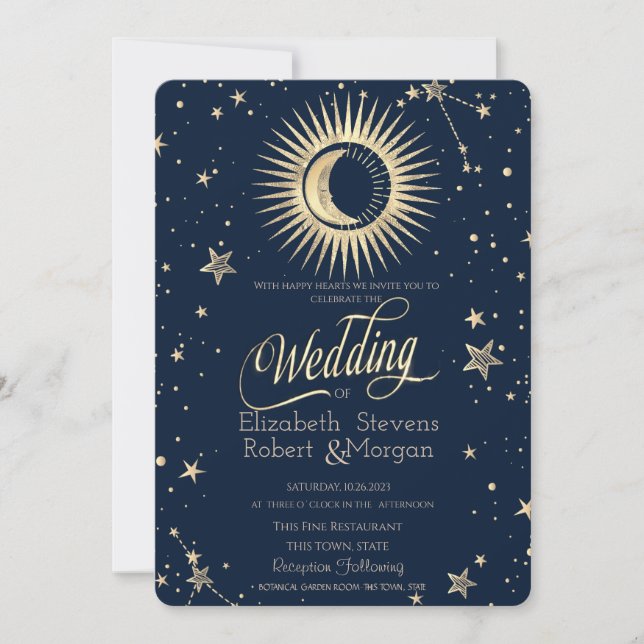 Invitación Boda de Sol y Luna de Estrellas de Oro Celestial (Anverso)