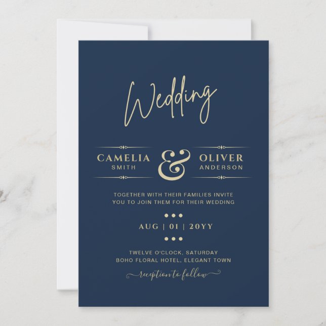 Invitación Boda de sólo texto monocromo azul moderno (Anverso)