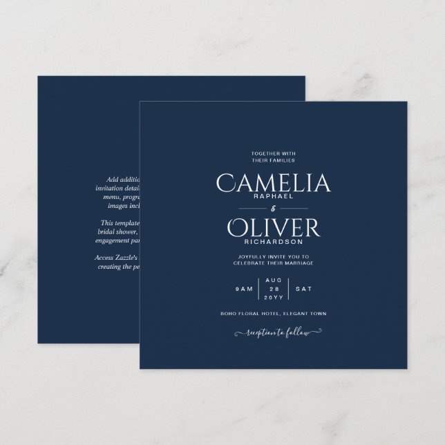 Invitación Boda de sólo texto monocromo azul moderno (Anverso / Reverso)