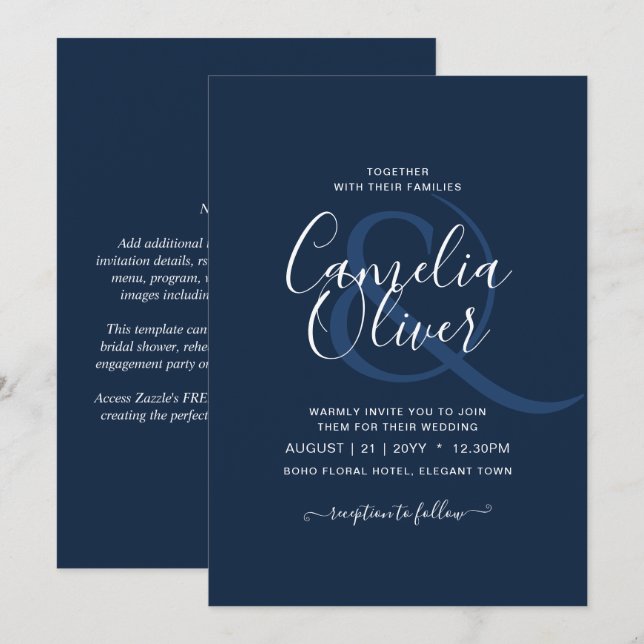 Invitación Boda de sólo texto monocromo azul moderno (Anverso / Reverso)
