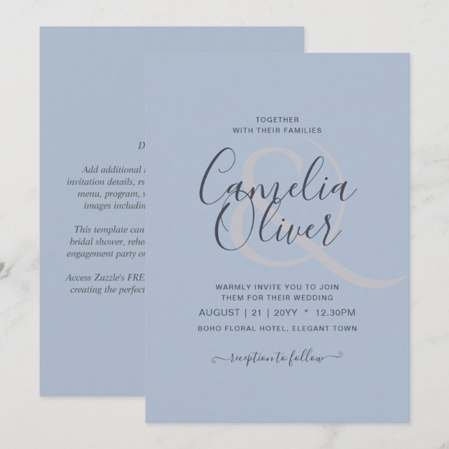 Invitación Boda de sólo texto monocromo azul moderno (Anverso / Reverso)