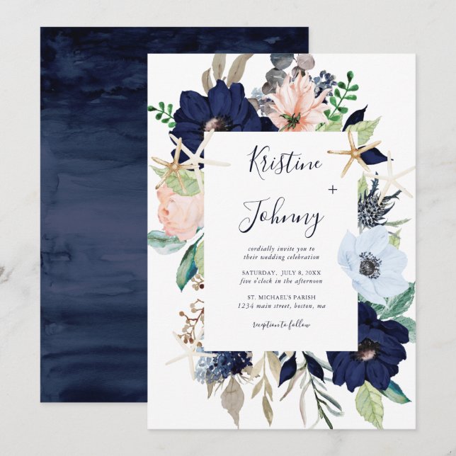 Invitación Boda de Starfish Nautical Blue Floral Script Gold (Anverso / Reverso)