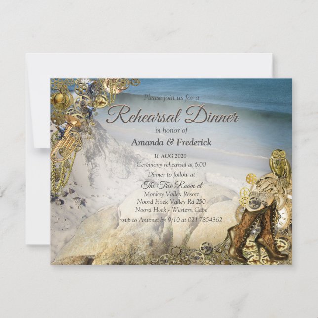 Invitación Boda de Steampunk cerca del mar Cena de ensayo (Anverso)