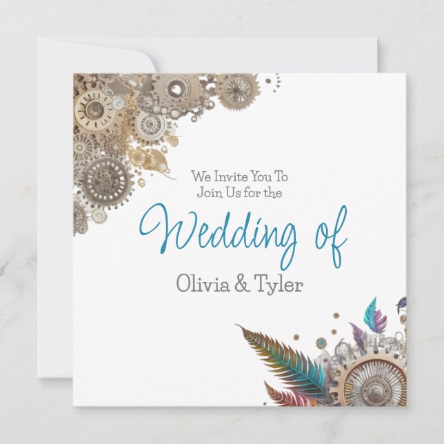 Invitación Boda de Steampunk, Flowers y Feathers (Anverso)