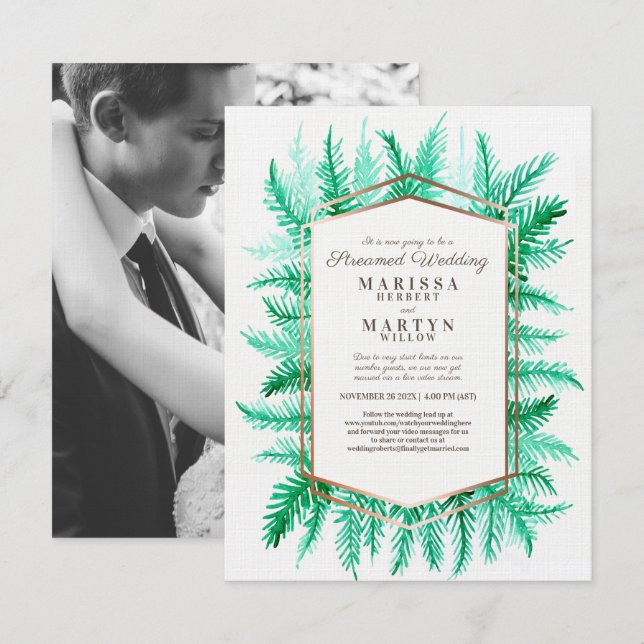 Invitación Boda de streaming verde de arte evergreen de invie (Anverso / Reverso)