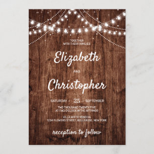 Invitación boda de String Lights, país rústico de madera
