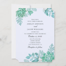 Invitación Boda de suculentas con acuarela. Cactus azul y men