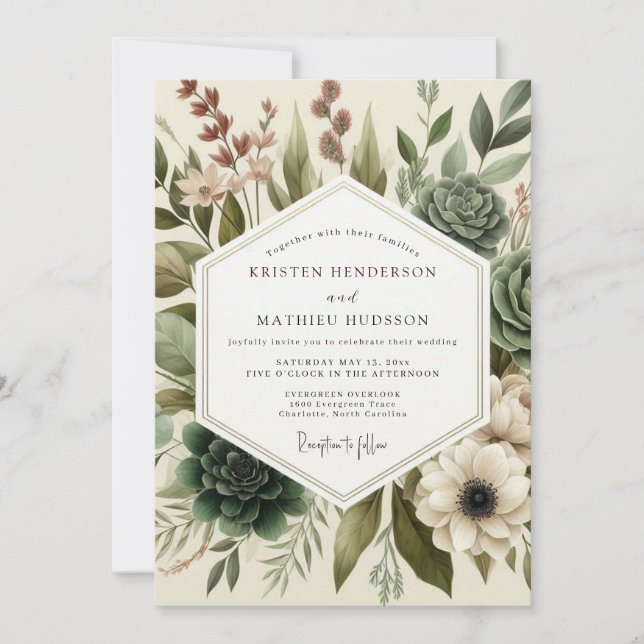 Invitación Boda de Suculentas con Estilo de Pintura Sage (Anverso)