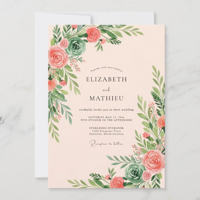Invitación Boda de Suculentas Coral Verde (Anverso)