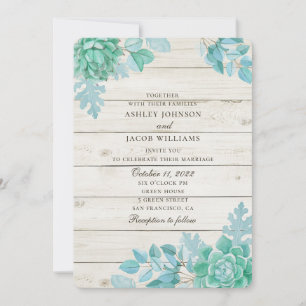 Invitación Boda de suculentas en granero de madera. Cactus de