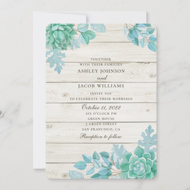 Invitación Boda de suculentas en granero de madera. Cactus de (Anverso)