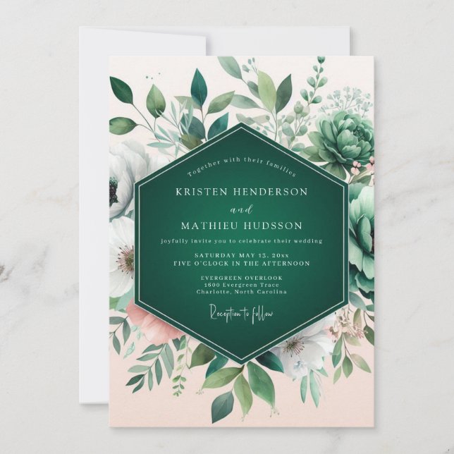 Invitación Boda de Suculentas Floreciendo en Verde Esmeralda (Anverso)