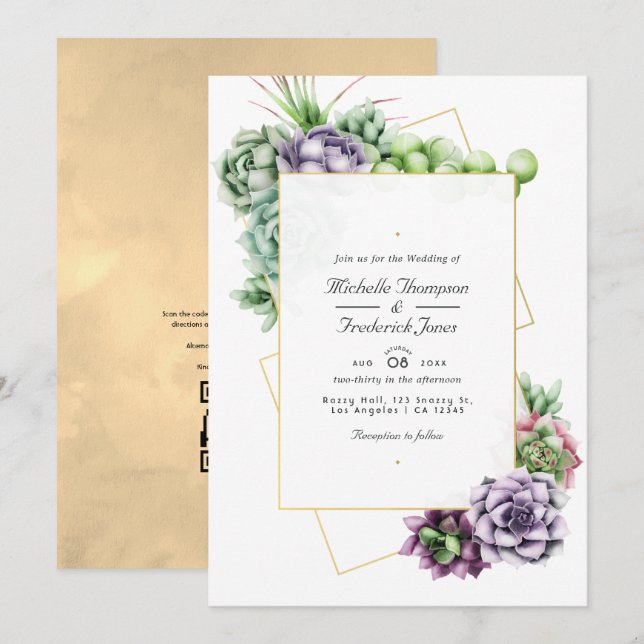 Invitación Boda de Suculentas Geométricas con Código QR para  (Anverso / Reverso)