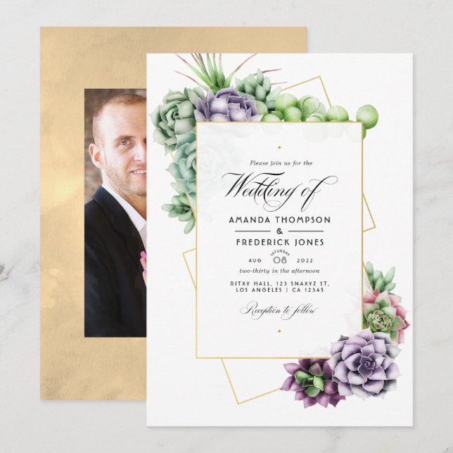 Invitación Boda de Suculentas Geométricas Foto (Anverso / Reverso)