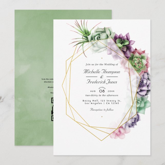 Invitación Boda de suculentas geométricas RSVP con código QR (Anverso / Reverso)