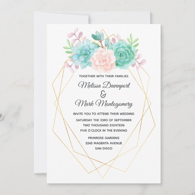Invitación Boda de Suculentas Modernas en Acuarela Rosa y Ver (Anverso)