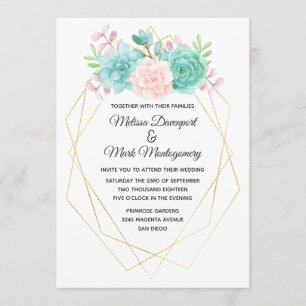 Invitación Boda de Suculentas Modernas en Acuarela Rosa y Ver