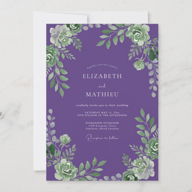 Invitación Boda de Suculentas Verdoso Púrpura (Anverso)
