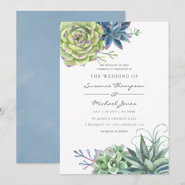 Invitación Boda de suculentos de cactus de desierto acuarela (Anverso / Reverso)