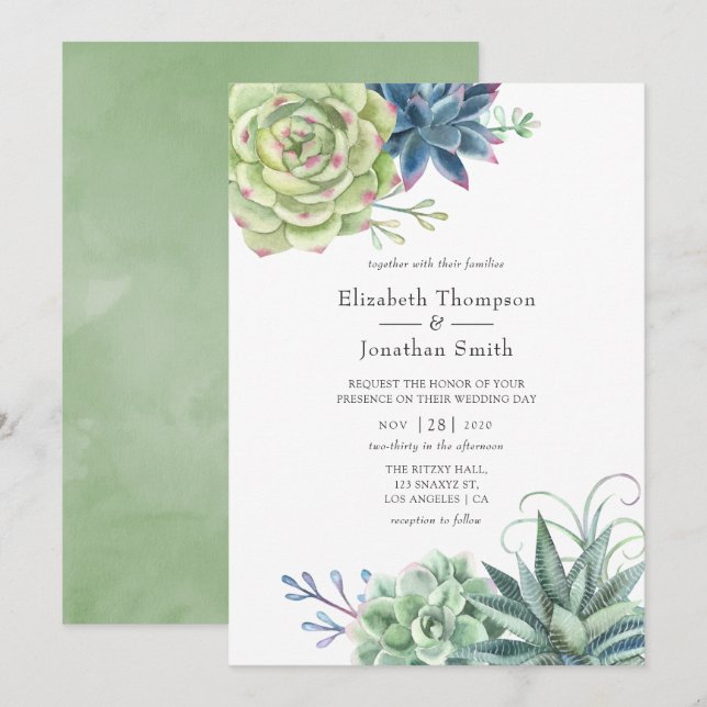 Invitación Boda de suculentos de cactus de desierto acuarela (Anverso / Reverso)