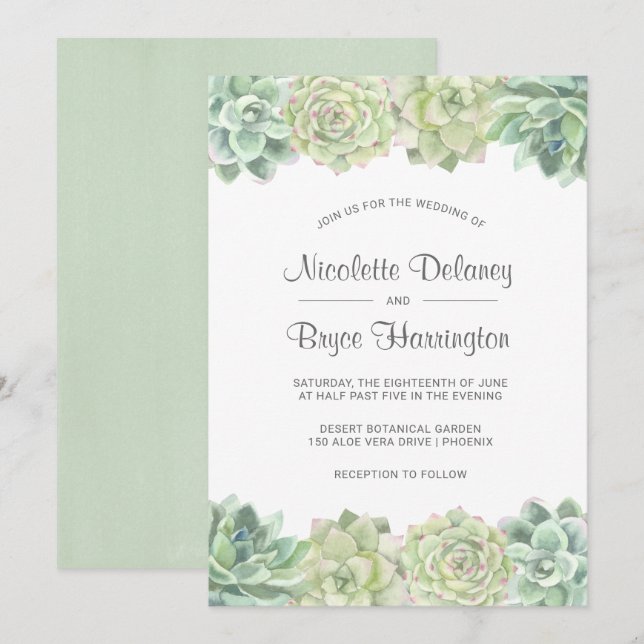 Invitación Boda de suculentos de color verde del desierto (Anverso / Reverso)