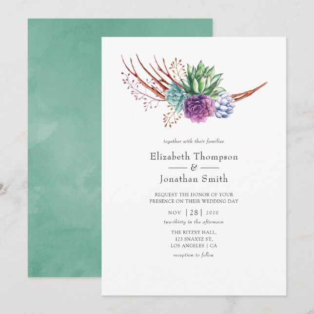 Invitación Boda de suculentos del desierto de acuarela (Anverso / Reverso)