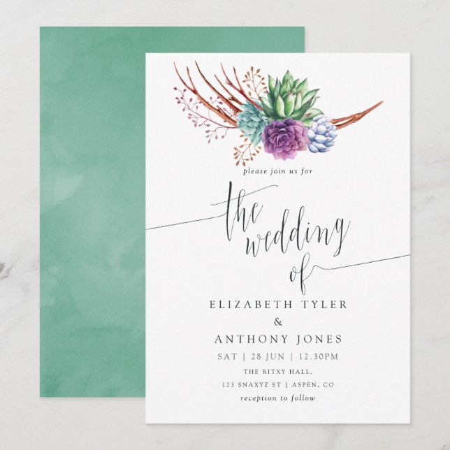 Invitación Boda de suculentos del desierto de acuarela (Anverso / Reverso)