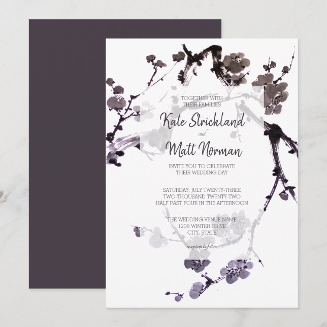 Invitación Boda de sumie de ciruela (Anverso / Reverso)