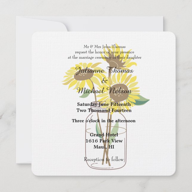 Invitación Boda de Sunflowers Mason Jars (Anverso)