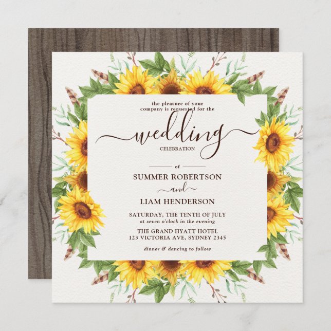 Invitación Boda de Sunflowers Rustic Watercolor (Anverso / Reverso)