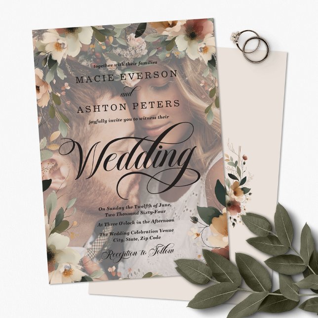 Invitación Boda de superposición de foto de flores silvestres (Step into a world where love and nature intertwine, with our Ethereal Elegance Photo Invites.)