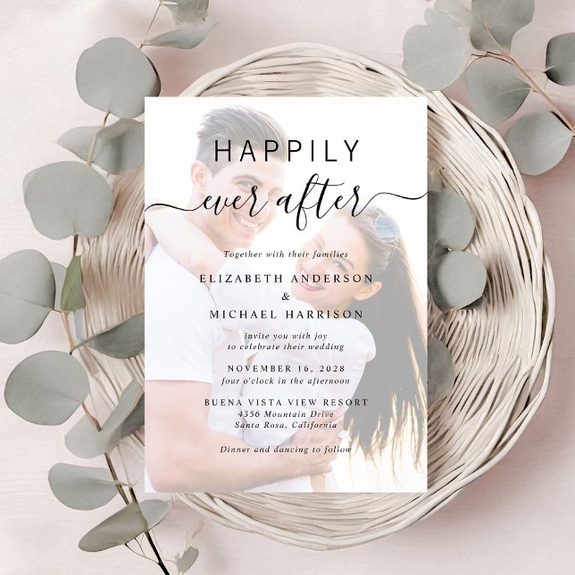 Invitación Boda de superposición de foto de guión de moda (A chic Happily Ever After Photo Wedding Invitation)