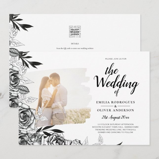 Invitación Boda de superposición de foto de Rosas blancos neg (Anverso / Reverso)