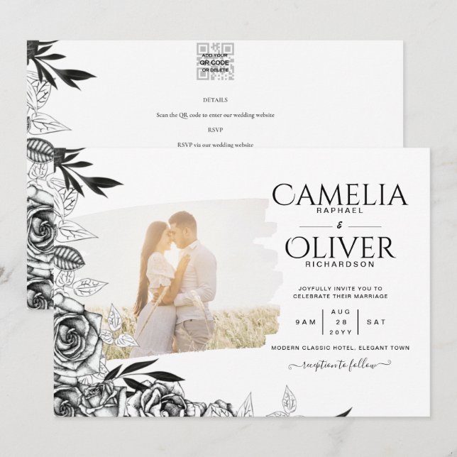 Invitación Boda de superposición de foto de Rosas blancos neg (Anverso / Reverso)