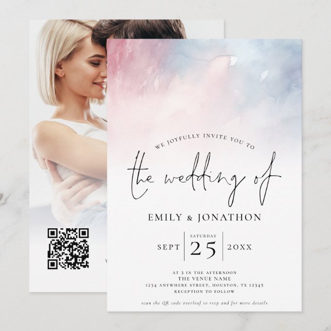 Invitación Boda de superposición de fotografía azul rosa de c (Anverso / Reverso)