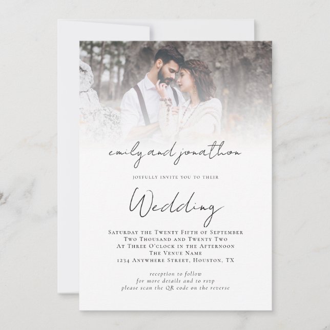 Invitación Boda de superposición de fotografía de código QR d (Anverso)