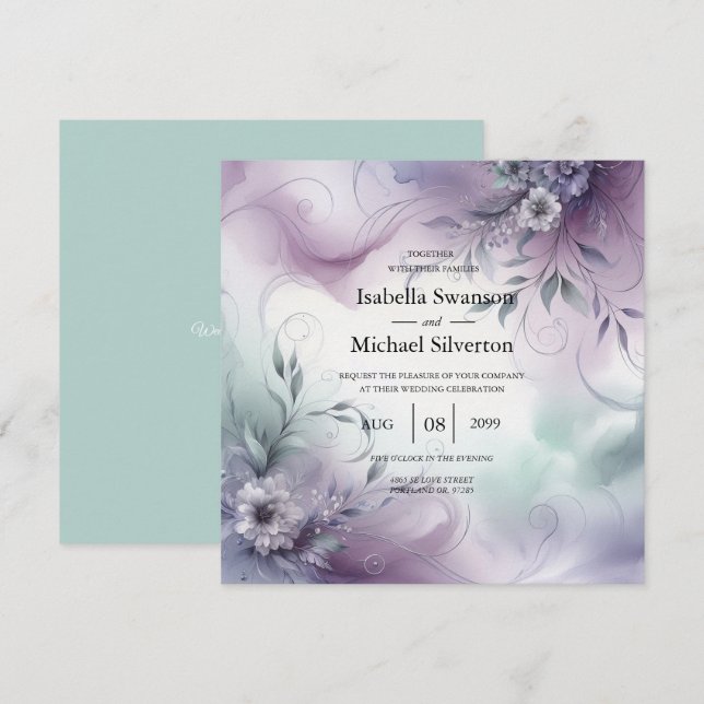 Invitación Boda de susurros por niebla de lavanda y acuarela (Anverso / Reverso)