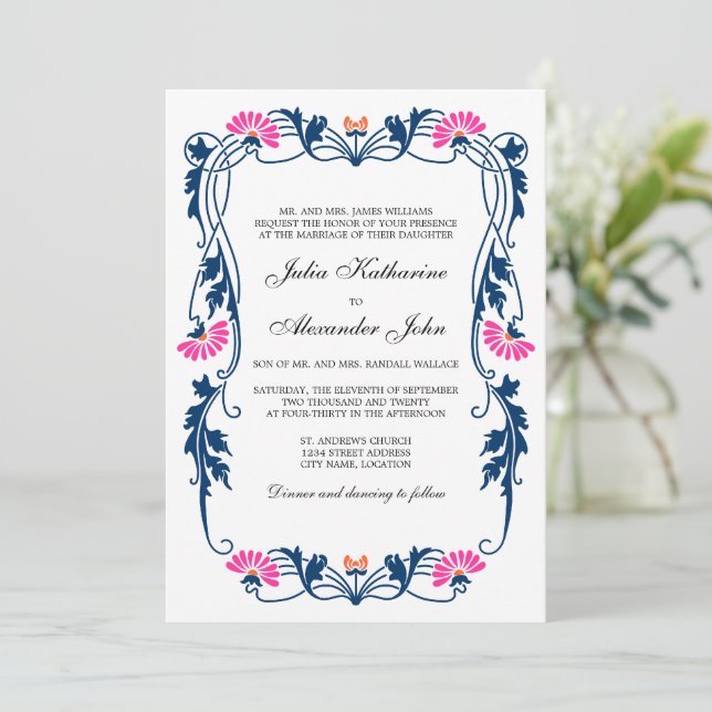 Invitación Boda de Swift Floral Marina Blue & Fuchsia (Anverso de pie)