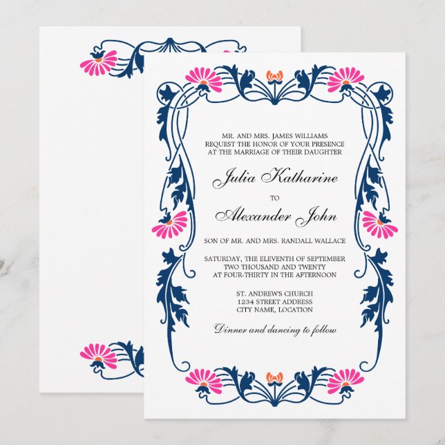 Invitación Boda de Swift Floral Marina Blue & Fuchsia (Anverso / Reverso)