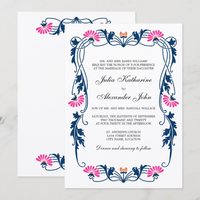 Invitación Boda de Swift Floral Marina Blue & Fuchsia (Anverso / Reverso)