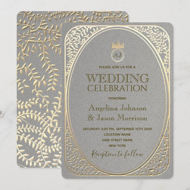 Invitación Boda de Swift Floral Silver & Gold Elegante de luj (Anverso / Reverso)