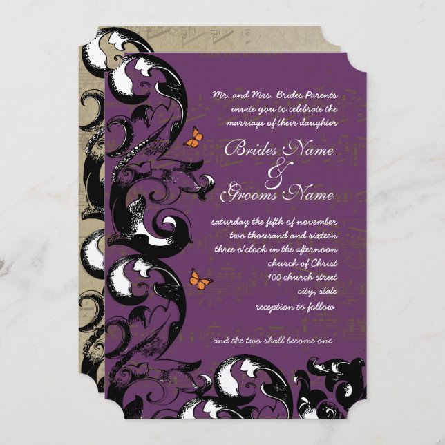 Invitación Boda de Swift Gold Metallic Butterfly Swirl (Anverso / Reverso)