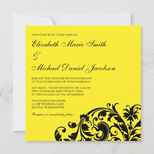 Invitación Boda de Swirl amarillo y negro floreciente (Anverso)