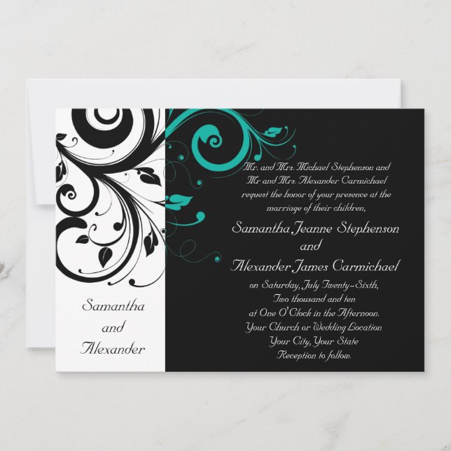 Invitación Boda de Swirl Aqua Negro Tradicional (Anverso)