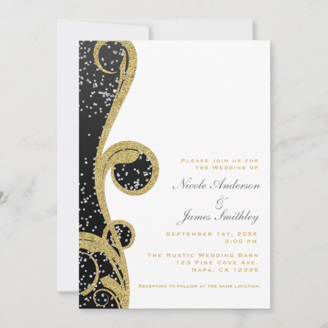 Invitación Boda de Swirl Elegante Black Gold de Plata Blanca (Anverso)