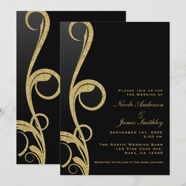 Invitación Boda de Swirl Elegante Glam Moderno Negro y Oro (Anverso / Reverso)