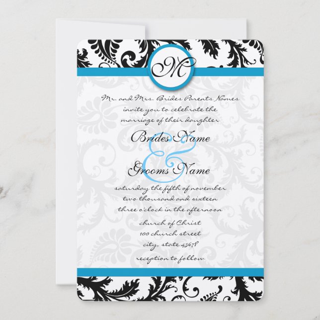 Invitación Boda de Swirls de Bright Aqua Damask (Anverso)