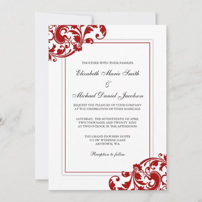 Invitación Boda de Swirls en rojo y blanco (Anverso)
