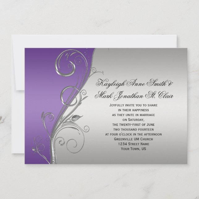Invitación Boda de Swirls Floral Purple Silver (Anverso)