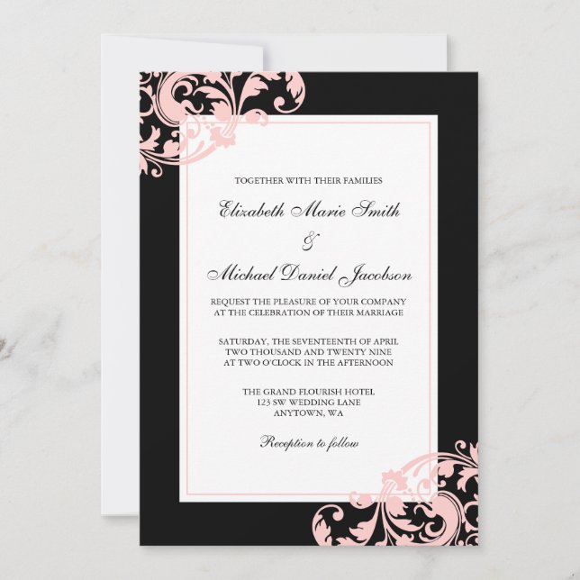 Invitación Boda de Swirls Flourils Black and Rubor Pink (Anverso)